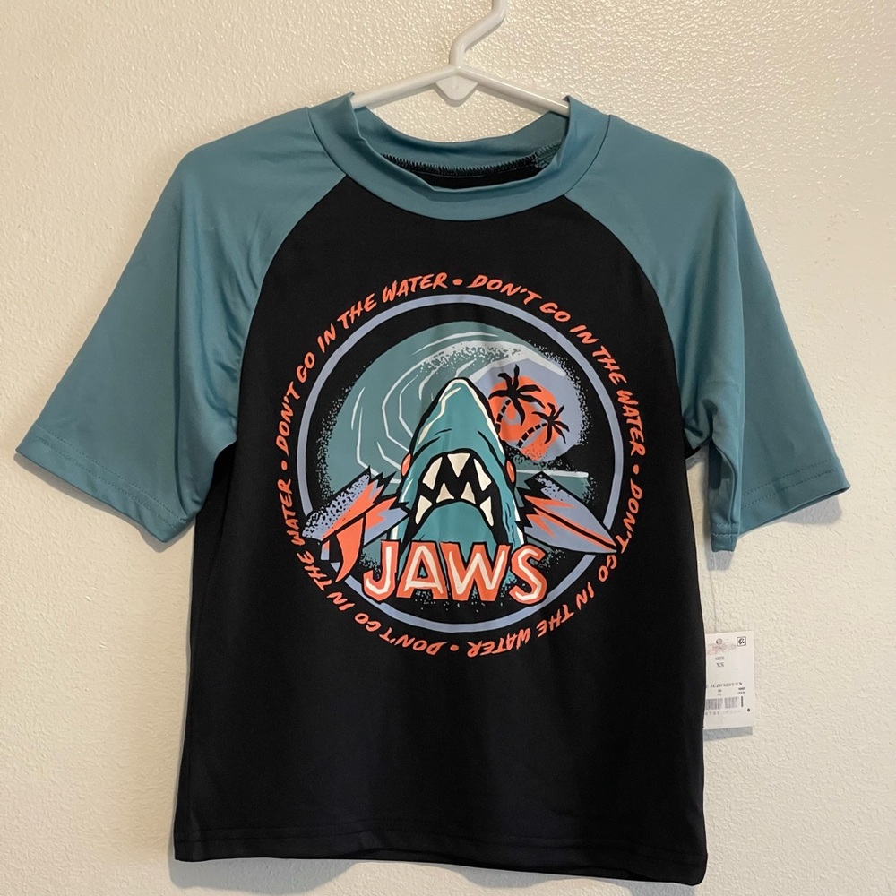 Jaws Graphic Rash Guard Tee - Black & Teal NWT